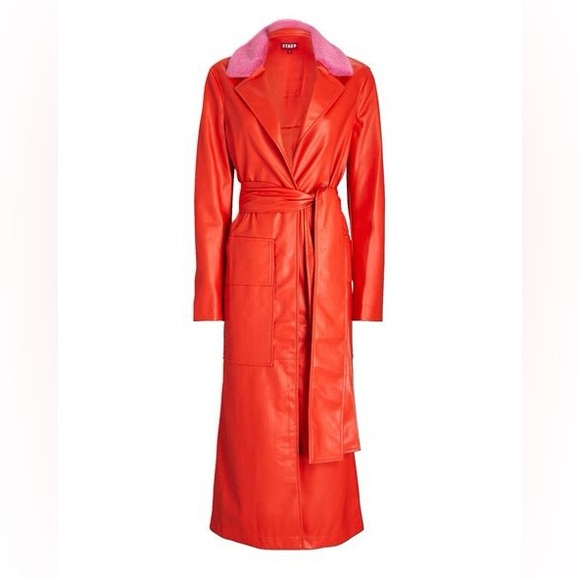 STAUD Jackets & Blazers - NWOT STAUD Ashley Red Trench Coat with Pink Collar